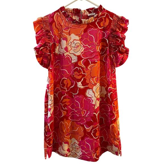 JODIFL Women's Red Orange Feminine Ruffled Neck/Sleeve Dress Small - Picture 1 of 7